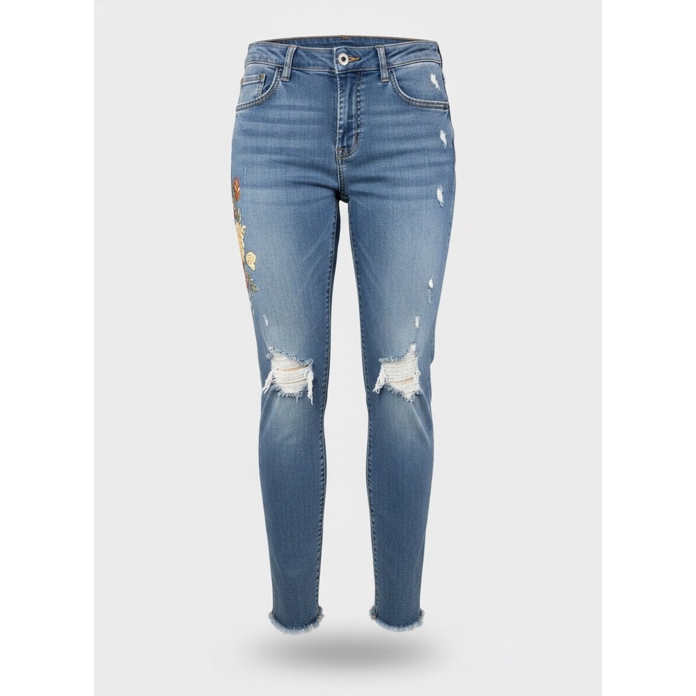 Zara Man Floral Embroidered Distressed Slim Blue Jeans USA 34 Raw Hem